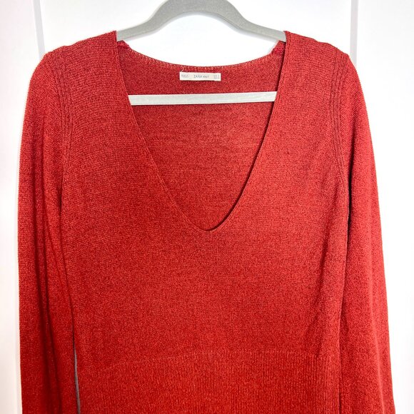 Zara Knit Rust Orange Brown V-Neck Knit Boho Linen Blend Sweater Dress Small - Picture 3 of 6